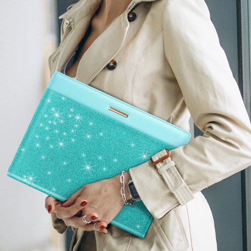 Glitter Padfolio/Resume Portfolio Folder for Women Men, WAVEYU Cute Chic Padfolio Cover Folder, Conference/Legal Document Organizer with Letter/A4 Size Clipboard, Document Sleeve, Teal