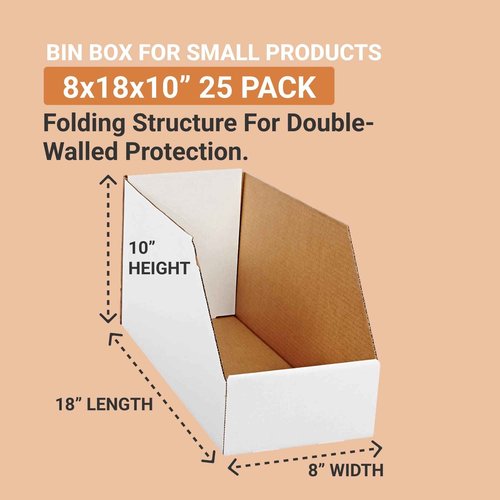 AVIDITI Cardboard Storage Bins, Open Top Bin Box, 8"L x 18"W x 10"H 25-Pack | Small for Inventory, Organization, Parts, Garage, Warehouse or Home Cubby, Oyster White 8x18x10