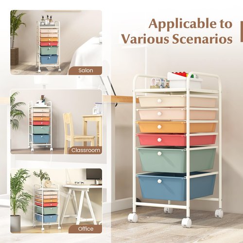 COSTWAY 6-Drawer Rolling Storage Cart, Multifunctional Art Craft Tools Organizer on Wheels, Heavy Duty Utility Mobile Storage Trolley w/ 2 Lockable Wheels for Home Office School, Macaron
