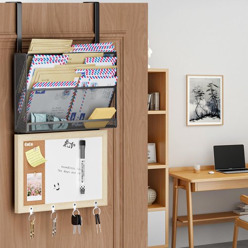 LUCYCAZ Mail Organizer Wall Mounted - Mail Holder for Wall with 4 Key Hooks, Key Holder Wall Mount Decorative with White Board Cork Board