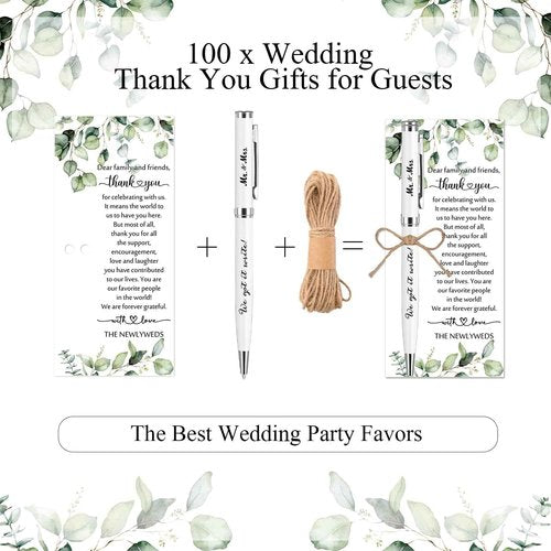 Affrolling 100 Sets Wedding Favors for Guests Bulk Retractable Ballpoint Pen Thank You Cards with Hemp Rope Bridal Shower Gift for Guest Wedding Souvenirs Newlyweds Party Supplies