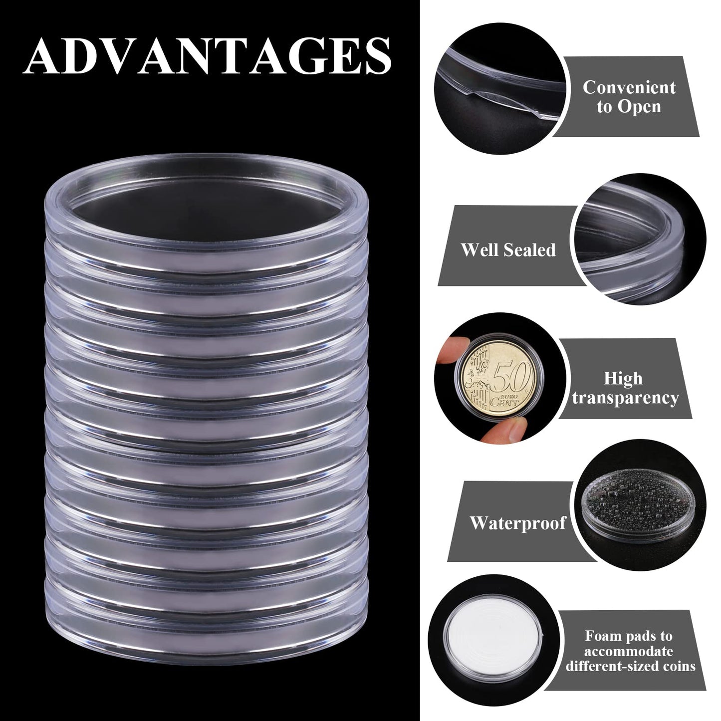 Utron 60P Clear Plastic Coin Capsules, Dollar Coin Holder, 40mm Silver Coin Storage for Collectors, Morgan Silver Dollar Coin Holders with Adjustable Gasket (17/20/25/27/30/33/38/40mm)