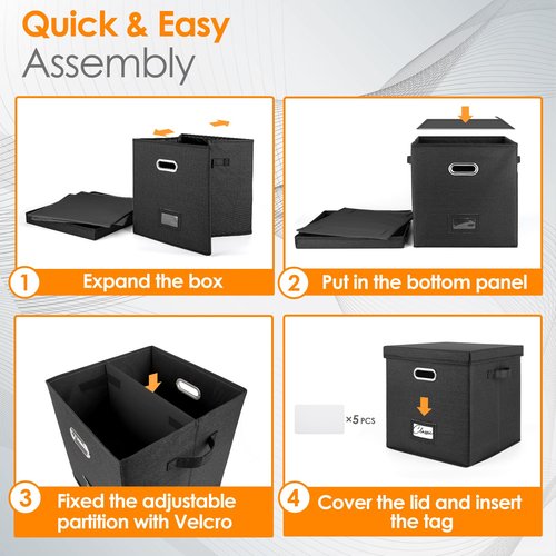 Vinyl Record Storage Box for 50+ Single LPs (12-Inch), Stackable Albums Linen Crate with Lid, Collapsible Play Music Collection Holder, Document File Folder Cabinet Organizer Case with Handle