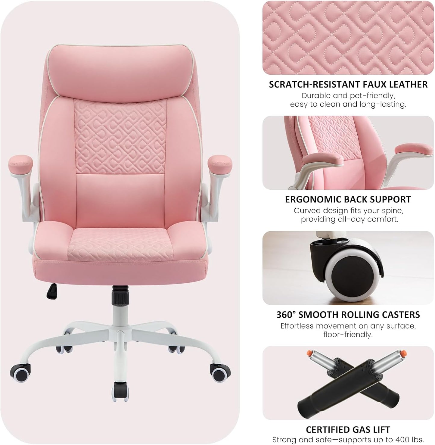 Skiennix Leather Office Chair - Comfortable Executive Desk Chair with Lumbar Support | Pink, 400lbs Capacity