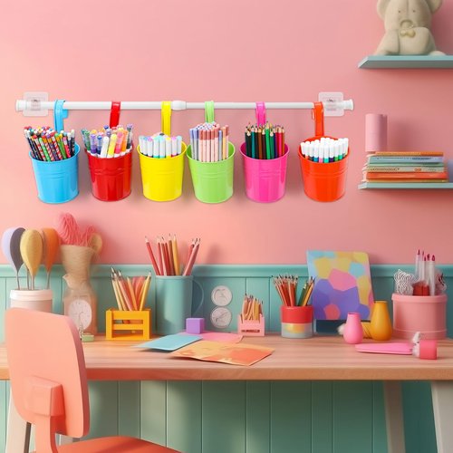 Fullhawl 6 Pcs Pencil Holder Crayon Organizer for Classroom Metal Iron Wall Crayon Organizer Hanging Art Storage Buckets with Retractable Pole Bucket Planter for Classroom Back to School Supplies