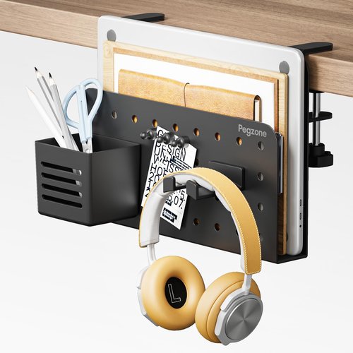 PEGZONE Desk Side Storage Organizer, No Drill Under Desk Laptop Holder, Clamp on Desks Shelf with Pegboard Accessories, Hanging Laptop Mount, Fits Flat Edge 0.4" to 2.2", Black
