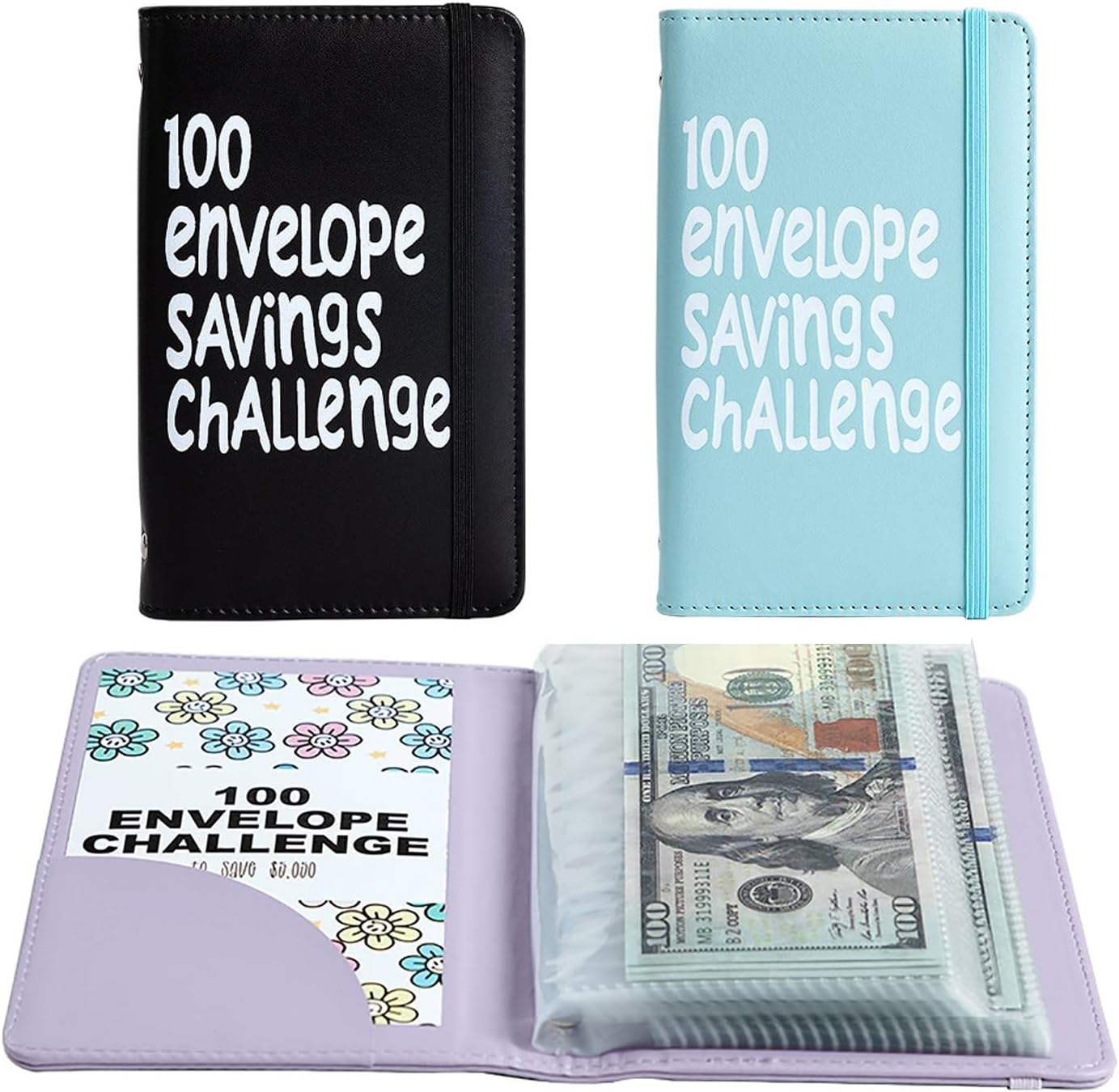 Skiennix Money Saving Challenge Envelopes - Durable Cash Organizer with Inspiring Quotes | 100 Pcs (Black & Blue)