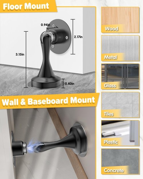 Door Stoppers Magnetic Door Catch - 6 Pack Stainless Steel Heavy Duty Door Holder Stops for Bottom Top of Door - Wall Floor Mounting No Drill Strong Adhesive & Screws Strong Magnet Keep Door Open