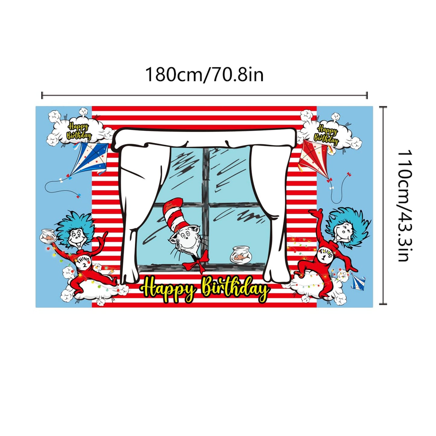 Happy Birthday Backdrop Banner 70.8X43.3 inches, Red and Blue Stripes Cartoon Window Kite Photography Background for Cat in The Hat Birthday Decoration