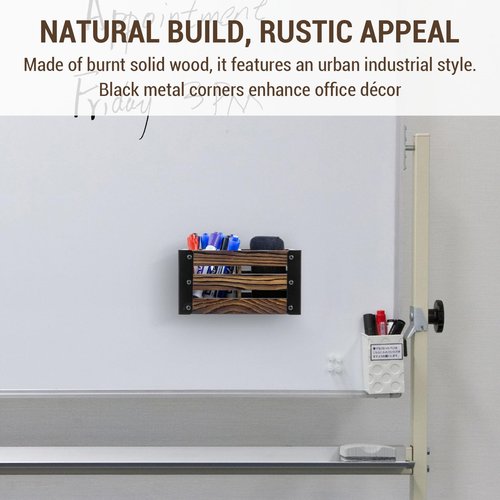 MyGift 2 Compartment Magnetic Office White Board Accessories Holder, Rustic Burnt Solid Wood Dry Erase Marker and Eraser Caddy with Black Metal Corner Brackets
