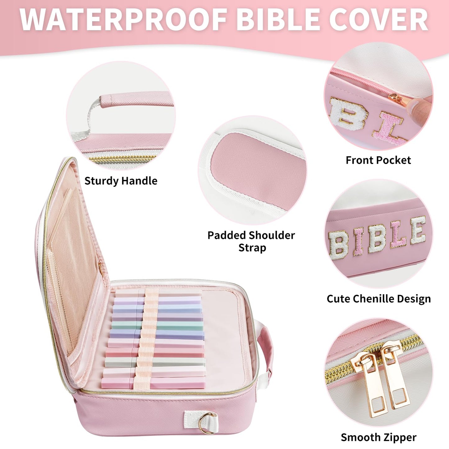 KOPKOFT Bible Cover Case for Women, Large Chenille Letter Leather Bible Case with Bible Study Accessories, Bible Study Supplies Bible Journaling Kit, Christmas Christian Gift for Women Girls (Pink)