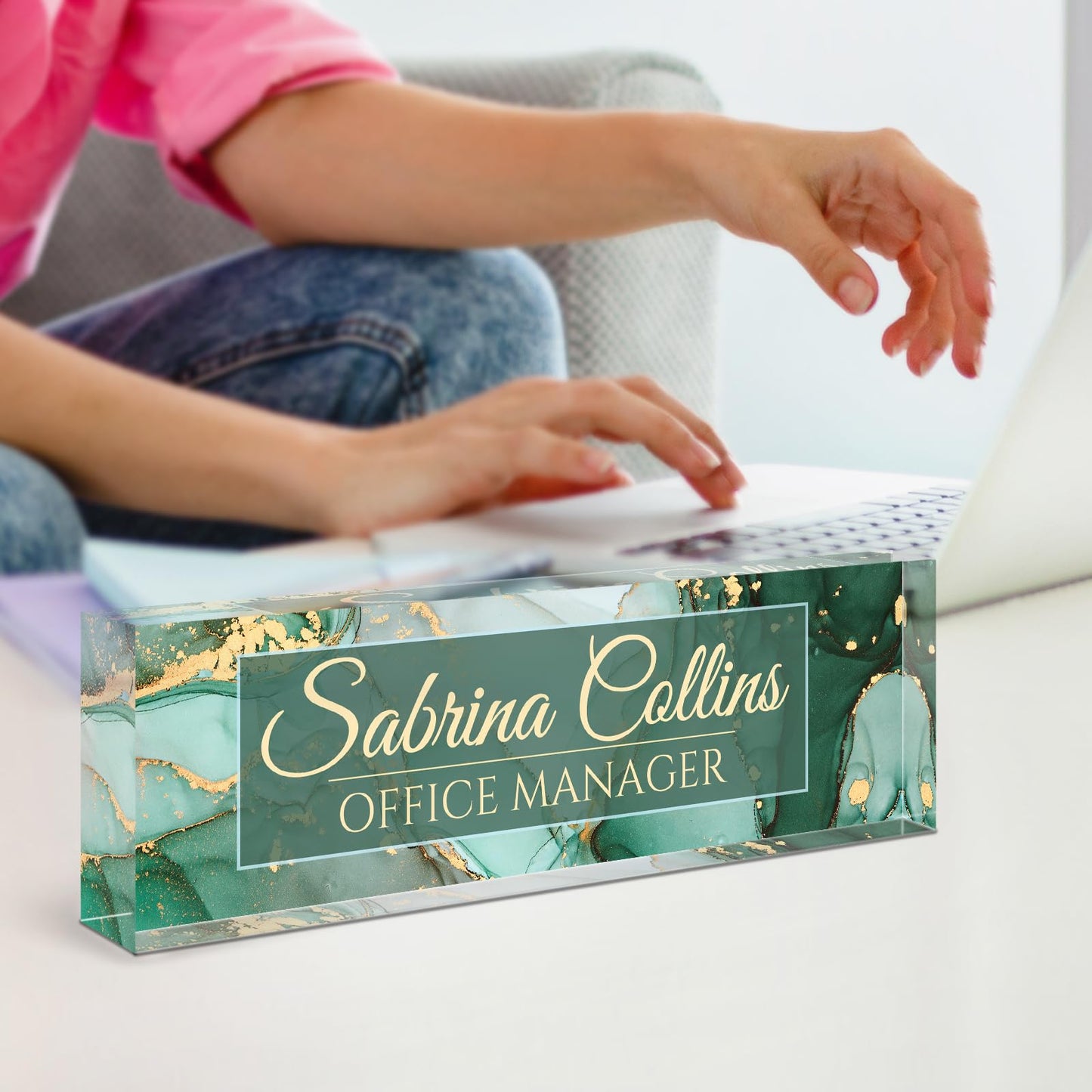 Name Plate for Desk, Desk Name Plate Personalized, Office Decor for Women Men, Acrylic Desktop Accessories, Office Gifts for Boss Nurse Teacher Coworker, Employee Appreciation Gift (Green Coast B)