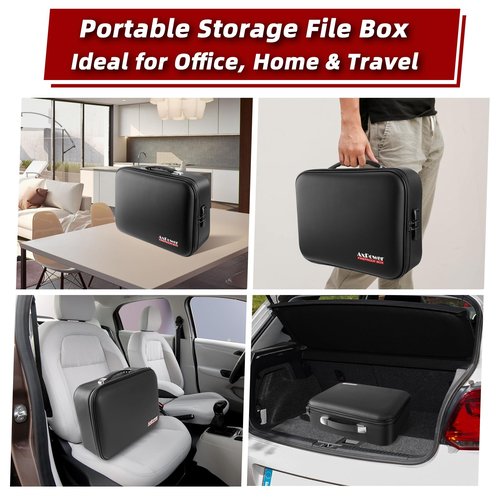 Fireproof Document Box Hard Case With Lock, Multi-Layer Fire Proof Water Resistant Safe Box File Organizer Bag With Small Money Bag for Important Documents Passport Certificates Laptop (Black)