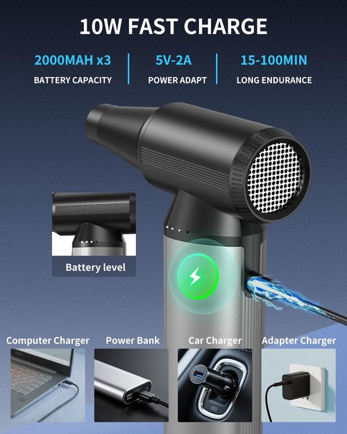BOBYE Electric Compressed Air Duster & Keyboard Cleaner, 2-in-1 Blower & Vacuum with 180W Brushless Motor, 6000mAh Battery, 3-Gear Adjustable for Computers, Cars, Furniture, and Outdoor Cleaning