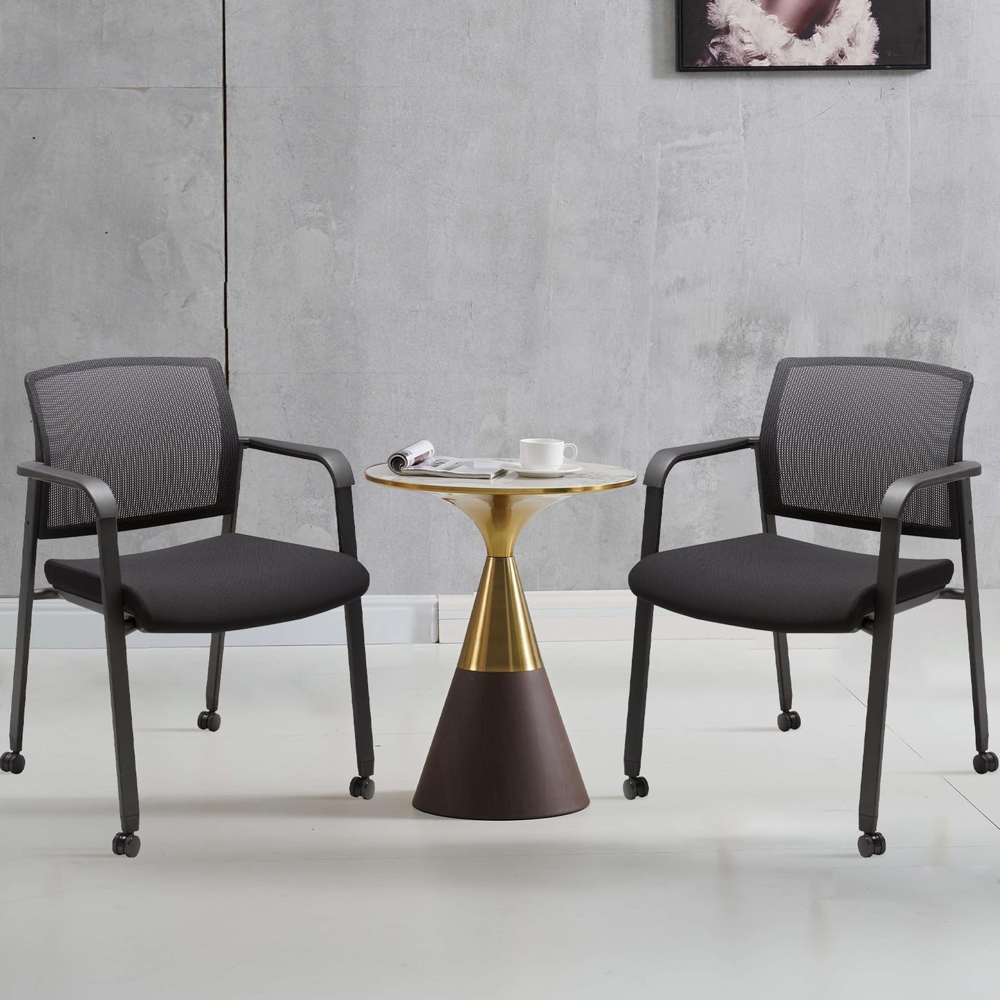 CLATINA Black Waiting Room Chair with Wheels Mesh Back Stacking Arm Chairs with Upholstered Fabric Seat and Ergonomic Lumbar Support for Office School Church Guest Reception