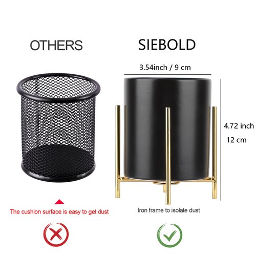 SIEBOLD Sturdy Pen Holder Simple and elegant for Desk Matte Pencil Holder Ceramic Cute Desktop Organizer Brush Holder Cup (Black and Gold Plated)