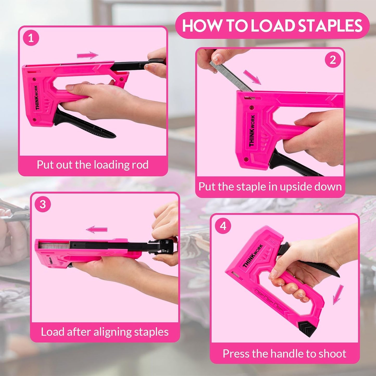 THINKWORK Light Duty Staple Gun - Pink Upholstery Stapler with 1600 JT21 Staples & Remover | Ideal for Crafts & DIY Projects