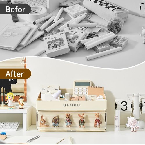 UFORU Desk Organizer with 6 Compartments, 2 Tier Stackable Storage Drawers Plastic Makeup Storage, Office Desk Storage Box, Stationary Sorting Helper