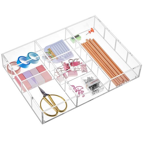 Briwooody Acrylic Drawer Organizer Clear Desk Drawer Organizer Trays with Adjustable Compartments Desk Accessories for Office Stationery Makeup Silverware Bathroom (Non Expandable)