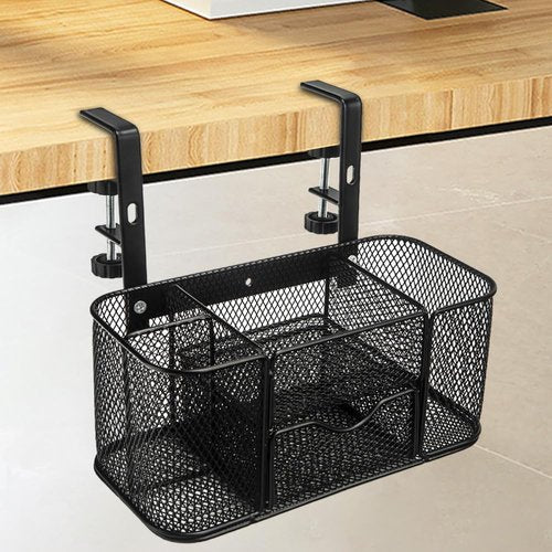 AKBFOX Clamp on Under Desk Mesh Pen Holder Organizer Desktop Office Supplies with 5 Compartments + Drawer for Home, School, Classroom