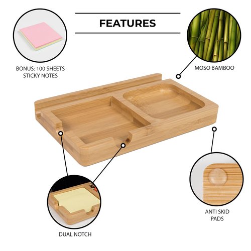 S&A WOODCRAFT Office Desk Organizer with Sticky Note Holder, Pen Slot & Phone Stand - Versatile Moso Bamboo Sticky Note Dispenser, Includes 100 3x3 Inch Pages & 4 Anti-Skid