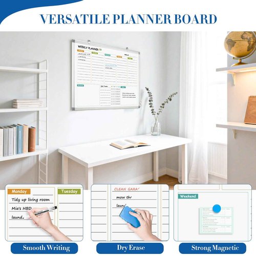 WALGLASS Weekly Dry Erase Calendar Whiteboard for Wall, 24" x 18" Double-Sided Weekly Planner White Board with Notes, Daily Tracker, Aluminum Framed Hanging & Wall Mount for Home, Office, School