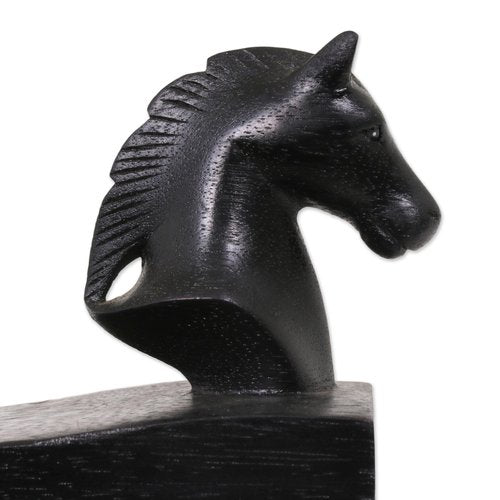 NOVICA Black Hand Carved Suar Wood Horse Door Stopper, 'Handy Horse In Black'