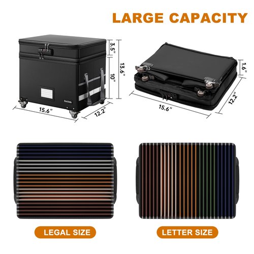 DocSafe Fireproof Document Box with Lock,2-Layer File Box with Wheels,Collapsible File Storage Organizer with Pockets,Large Portable Home Filing Cabinet for Hanging Folders,Black,16''x13.8''x12.2''