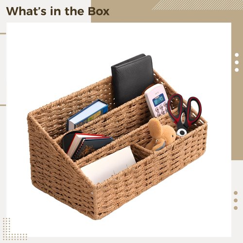 Desktop Woven Mail Organizer, Farmhouse Desk Organizer, Natural Paper Rope, 4 Compartments, Home Sundry Office Supply Organizer