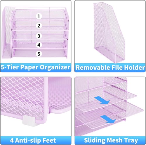 OPNICE Desk Organizer - 5-Tier Paper Tray with Magazine Holder | Purple Office Supplies Storage