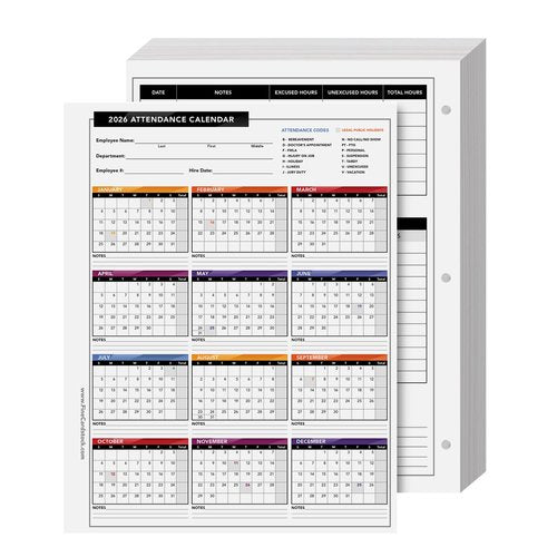 2026 Attendance Calendar – Great Employee Daily Attendance Work Tracker – Bright and Colorful, Printed on Durable and Thick 80lb Cover Cardstock – 3 Hole Punched – 8.5 x 11" – 25 Sheets per Pack