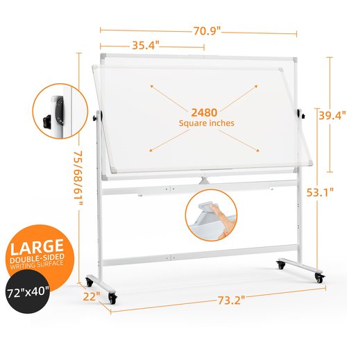 Rolling Whiteboard, 72"x40" White Board with Stands Movable Dry Erase Board on Wheels, Large Double Sided Standing Whiteboard for Office School Classroom Presentation Supplies, Pearl White