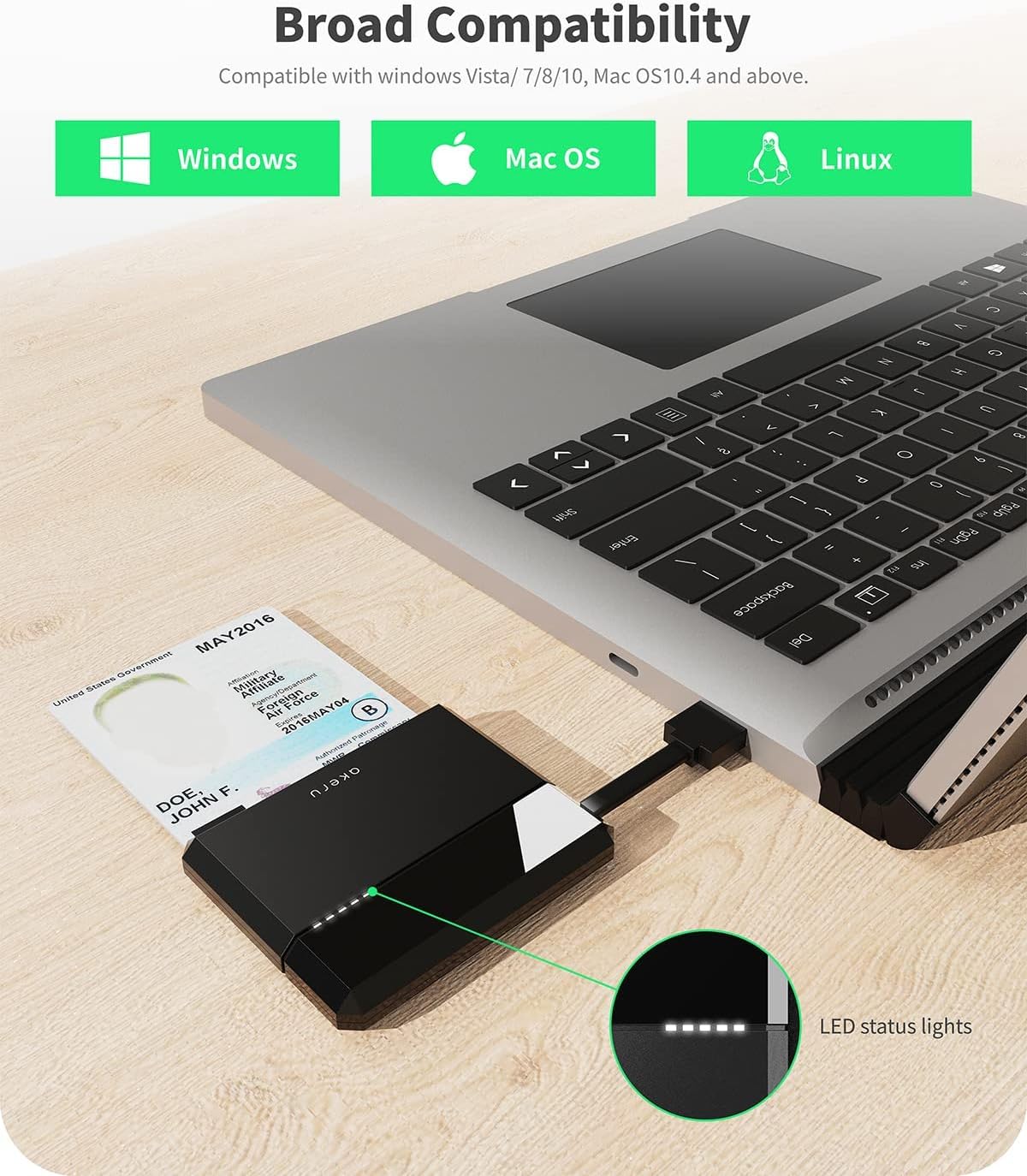 AKERU Portable CAC Card Reader DOD Military Smart Card Reader, Universal Compatibility, for Mac/Windows with LED Indicator, Compact PIV & ID Chip Card Reader, Cable Management [EAO-10]