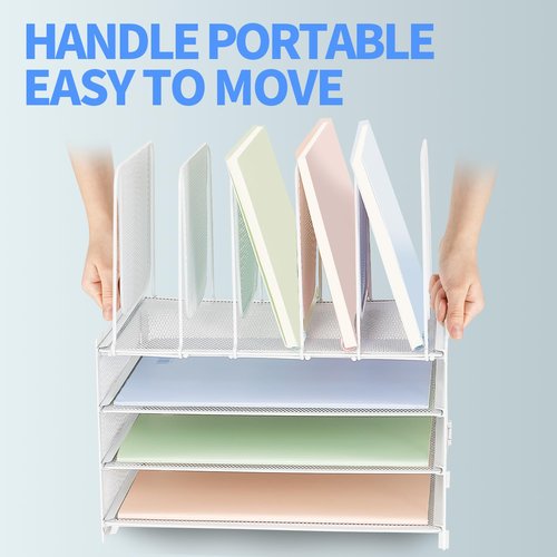 ORDROLL Desk Paper Organizer with Handle,3 Tier Letter Trays with 5 Vertical File Holder,Paper Storage,White Mesh Desktop Organizer for Classroom,Home or Office