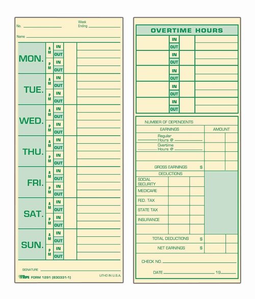 TOPS Time Cards, Weekly, 2-Sided, 3-1/2" x 8-1/2", Green Print Front/Back, 500-Count (1291)