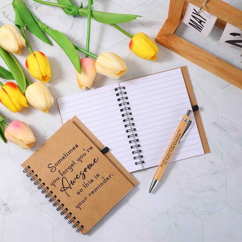 Honoson 50 Sets Spiral Notebooks Sets Employee Thank You Gifts Inspirational Journals with Retractable Bamboo Pens Bulk Encouragement Notepad for School Teacher, Awesome Sign