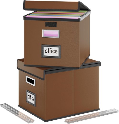 Huolewa File Organizer Boxes - Collapsible Faux Leather Filing System with Lids | Decorative Home & Office Storage