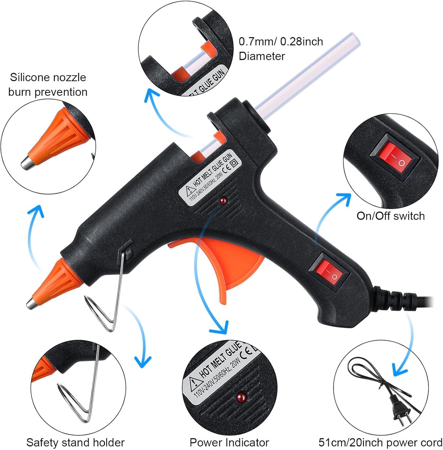 Zhengmy Mini Glue Gun Set - 12 Pcs Low Temp Hot Melt Guns with Burn Protection | Fast Preheating, Easy Squeeze Trigger, 20W (Black)