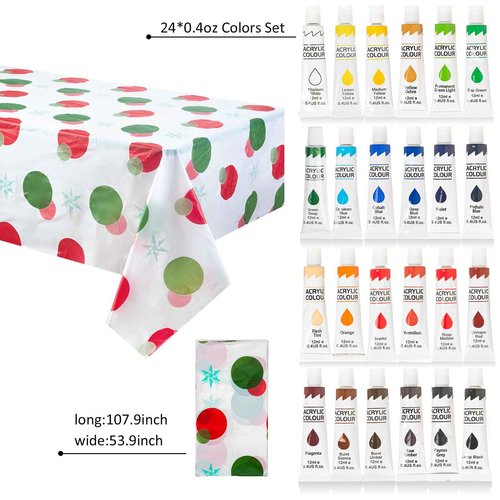 137 Pcs Art Painting Kit Supplies Set for Kids to Party - 70 Paint Brushes, 24 Acrylic Paints, 7 Wood Easels & Canvas Panels & Palettes & Aprons & Wash Pen Cup, 1 Plastic Tablecloth