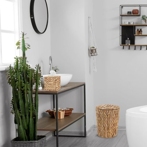 YOKOMI 4 Gallon Wicker Trash Can with Lid and Square Wicker Tissue Box Cover, Boho Decorative Handwoven Water Hyacinth Rattan Bedroom Bathroom Living Room Accessories Decor (Natural)