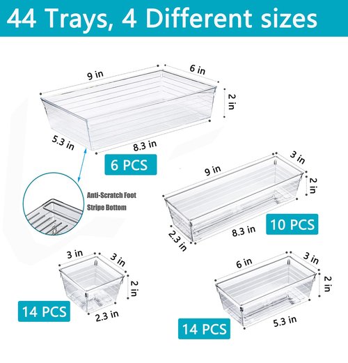 44 PCS Clear Plastic Drawer Organizers Set, 4 Size Versatile Bathroom and Vanity Organizer Trays, Cosmetic Display Cases for Makeup, Jewelries, Bedroom，Kitchen Utensils and Office