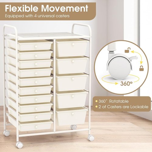 HOMGX 15-Drawer Storage Rolling Cart, Multipurpose Utility Storage Cart w/ 4 Lockable Wheels & Removable Drawers, Plastic Drawer Organizer for Office, Supermarket, Home, School (White)