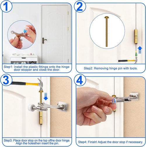 Azureal Door Stopper - Adjustable Heavy Duty Hinge with White Rubber Bumper Tips | 2-1/2" x 1-3/4" Satin Nickel