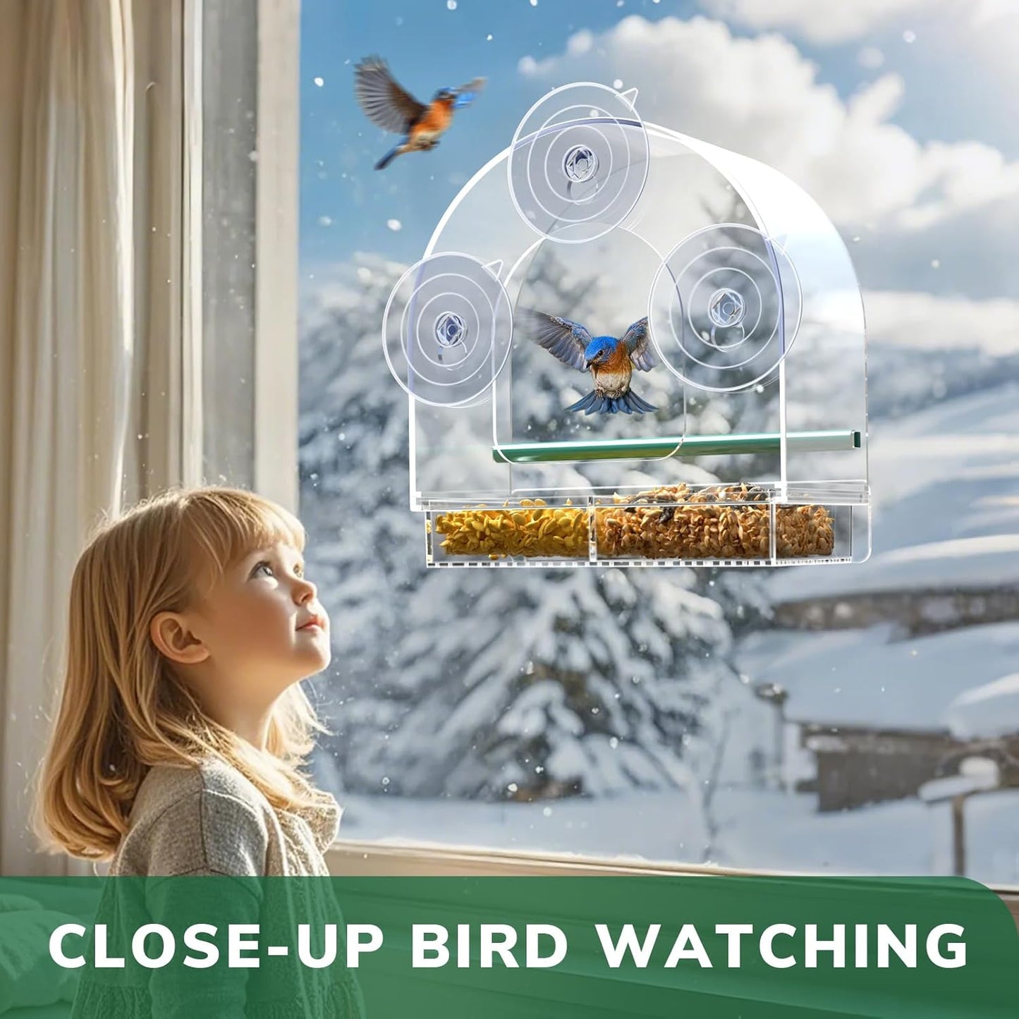 SUNALLY Window Bird Feeder - Clear Outdoor Feeder with Strong Suction Cups | Perfect for Hummingbirds, Orioles, and Finches