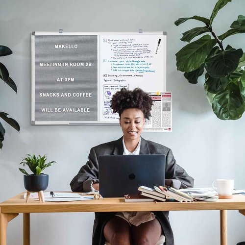 MAKELLO Whiteboard Bulletin Board Combo 24x18in, White Board and Letter Board Combo for School, Office, Home, Restaurant, Aluminum Frame, Grey Felt