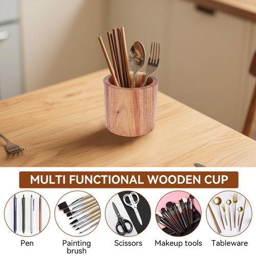 Jwthee Wood Pen Holder for Desk, Makeup Brush Cup Small Utensil Holder, Multi Purpose Cylindrical Pen Cup Desktop Stationary Organizer Storage Case Stationery for School Home Office Supplies