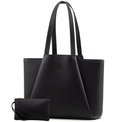 LOVEVOOK Laptop Tote for Women - 15.6 Inch Faux Leather Laptop Bag with Clutch, Large Capacity Office Purse Computer Briefcase for Casual Business Travel, Black