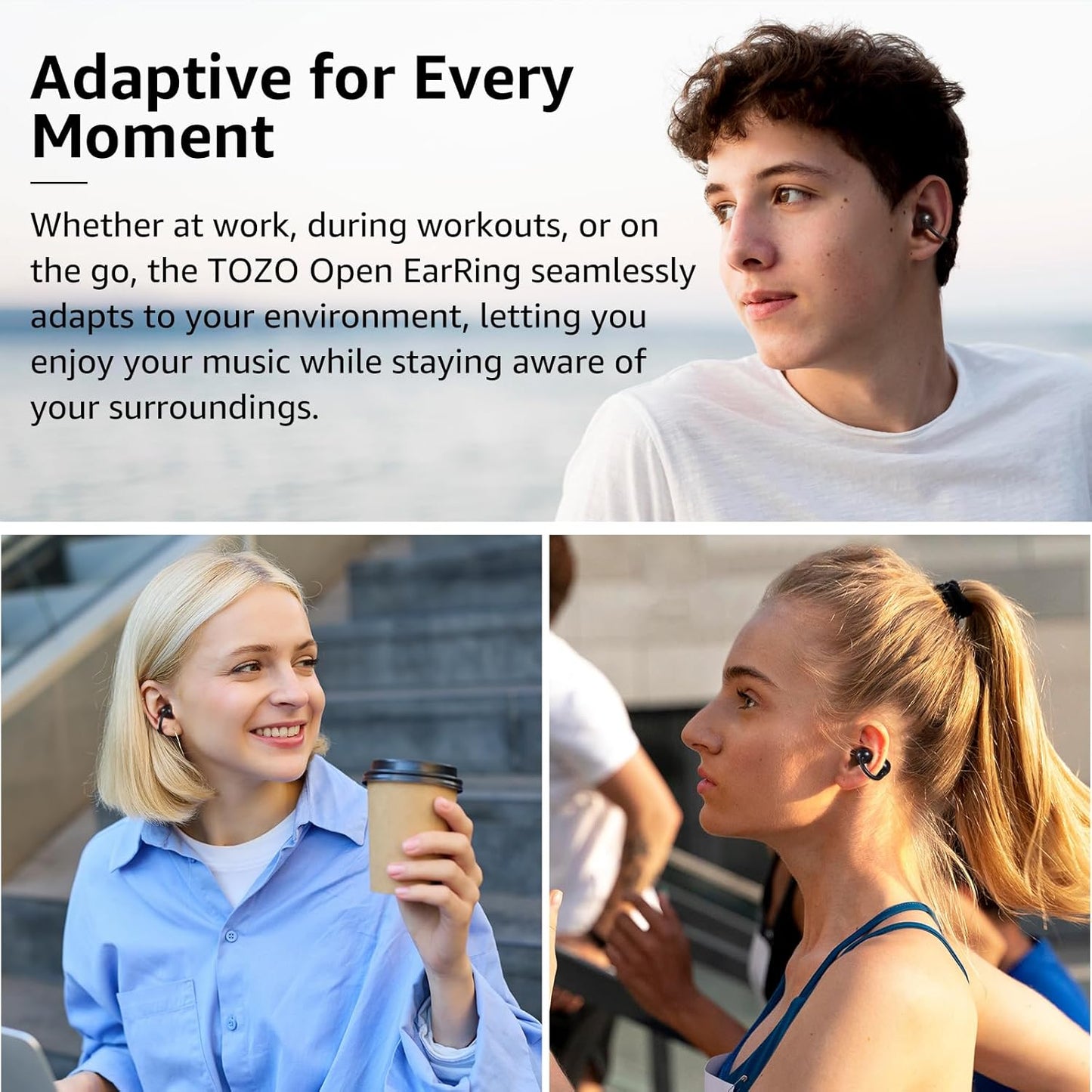 TOZO OpenEarRing Wireless Earbuds - Lightweight Comfort with 40H Playtime & Smart Display | Black