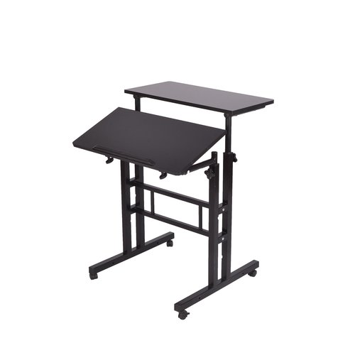 Mind Reader Mobile Sitting, Standing Desk, Rolling Reversible Home Office Laptop Workstation with Side Storage, Locking Wheels, Black