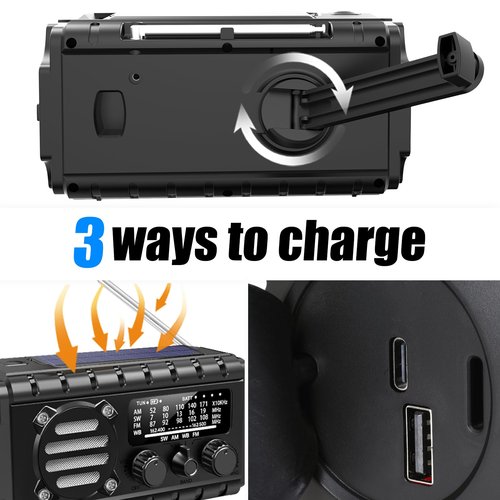 TFTDOUP Emergency Radio Hand Crank Solar, AM/FM/SW NOAA Weather Radio Built-in 20000mah Large Battery Powered,Type-C Charger,Flashlight, Reading Light,SOS, Compact & Portable for Camping/Emergencies
